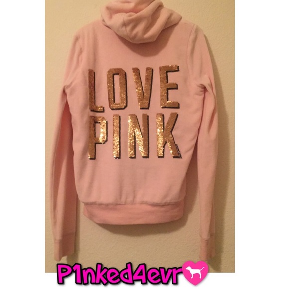 VS PINK Fur Lined Bling Hoodie Pink Velour/Gold S - Picture 2 of 3